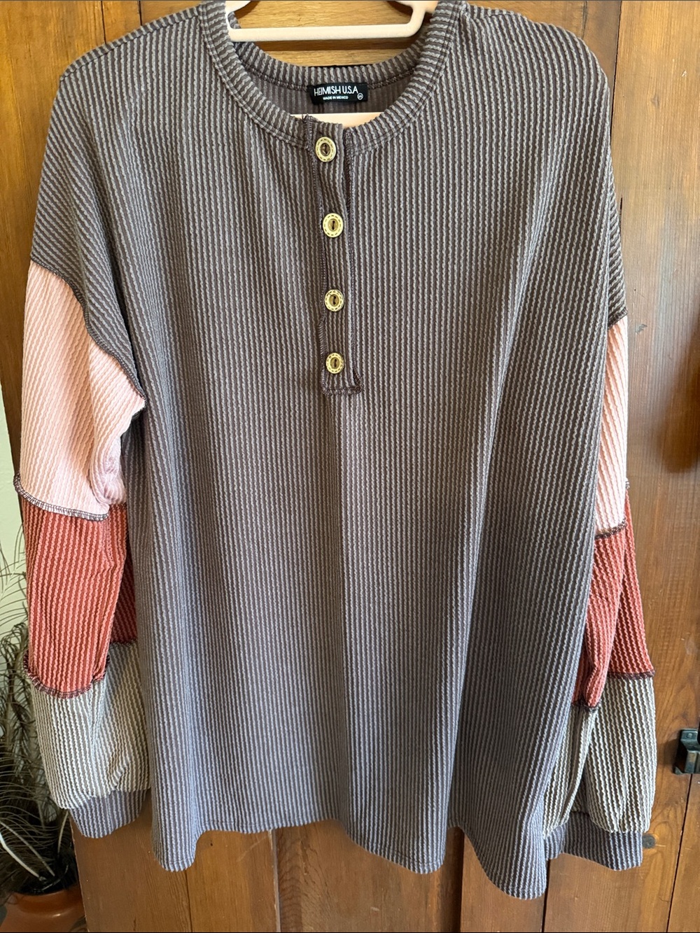 HEIMISH USA Taupe Waffle Henley with Pink and Rust Sleeve Panels